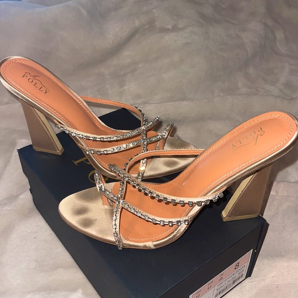 SATIN DIAMANTE MULE HEELS IN NUDE